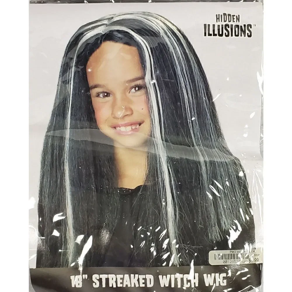 Child Costume Witch Wig Black w/White Streak Halloween Costume Play Party